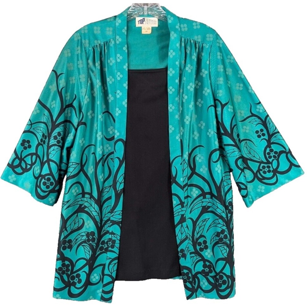 Top Notch Blouse Women's Teal Kimono Style 3/4‎ Sleeve Floral Tunic 80's Size 10